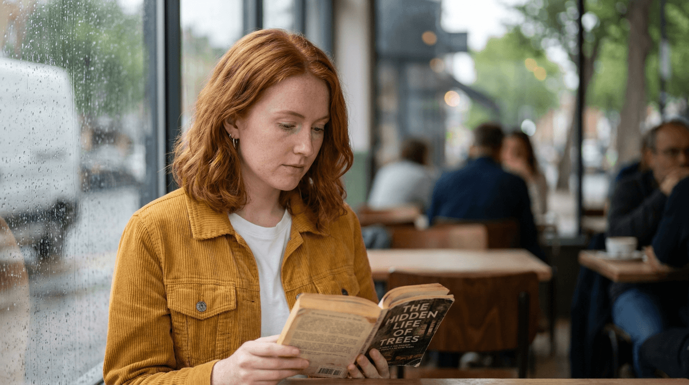 AI generated character consistency demo: red-haired woman in a mustard corduroy jacket reading by a cafe window, generated with Nano Banana Pro