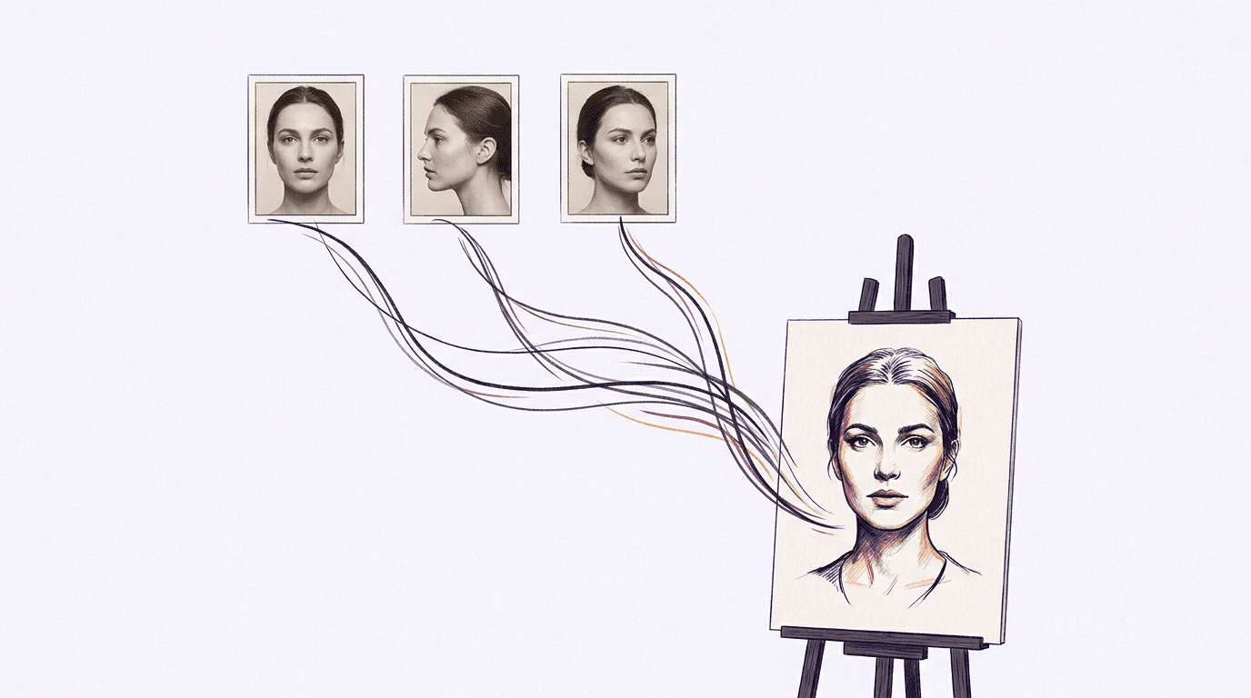 Stacks of character reference photos from different angles feeding into an AI image model, showing how reference images guide character consistent generation
