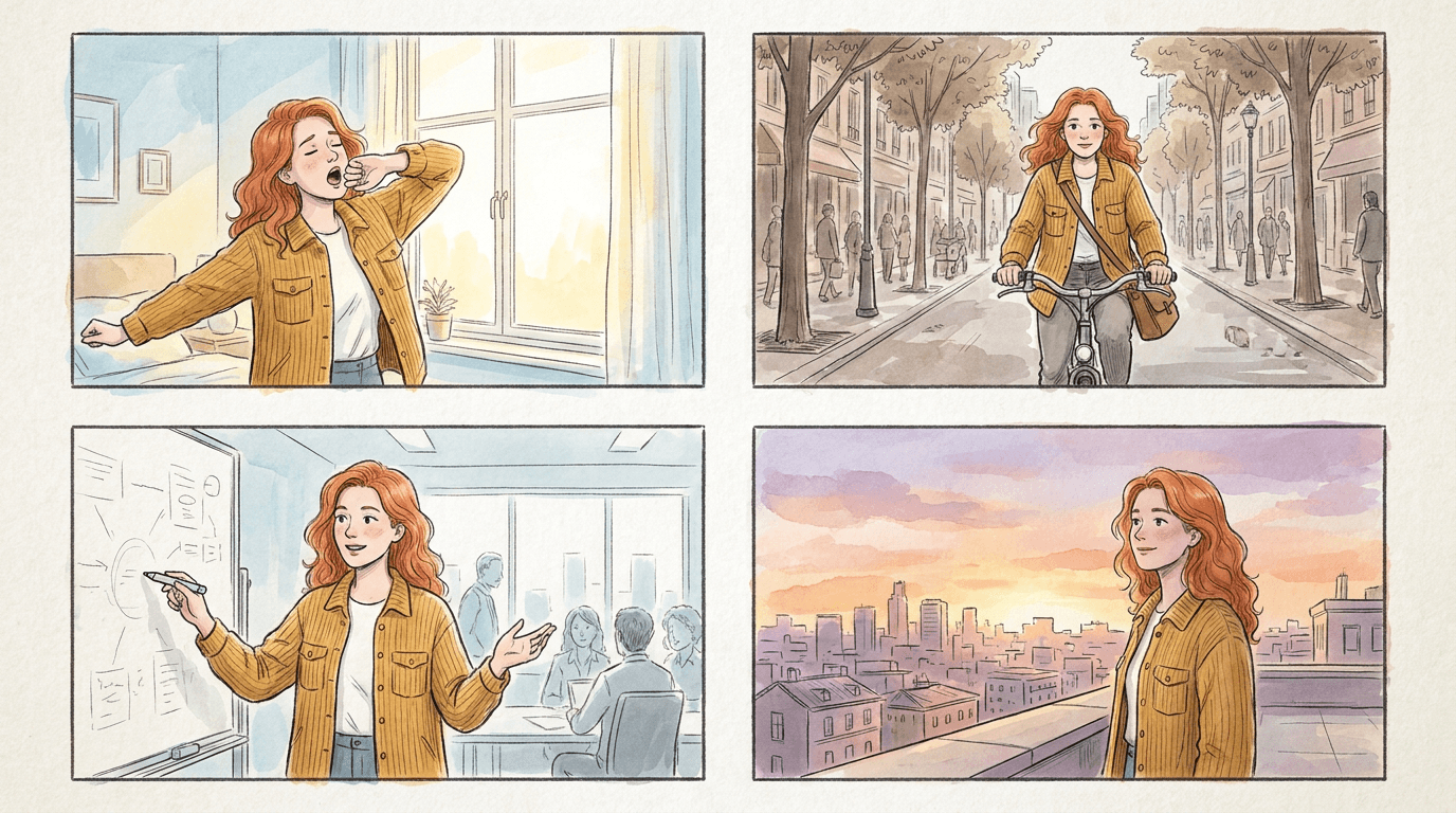 Four-panel AI storyboard generated in a single Nano Banana Pro request, the same red-haired character consistent across all panels: waking up, cycling, presenting, and on a rooftop