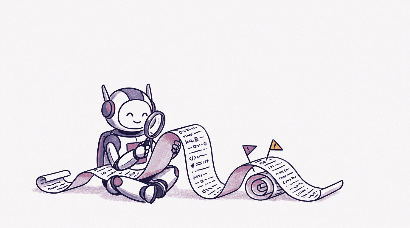 Editorial illustration of a small robot with a magnifying glass reading a long scroll of configuration text with two tiny warning flags planted in it, a metaphor for Codex config quirks