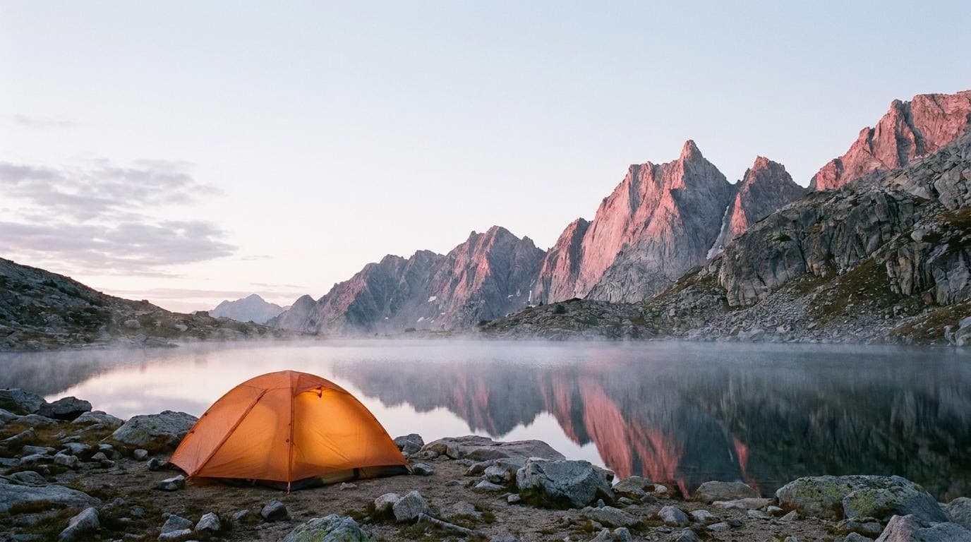 AI-generated landing page hero of an orange tent by a misty alpine lake at dawn, created in Cursor through the BananaBanana MCP server