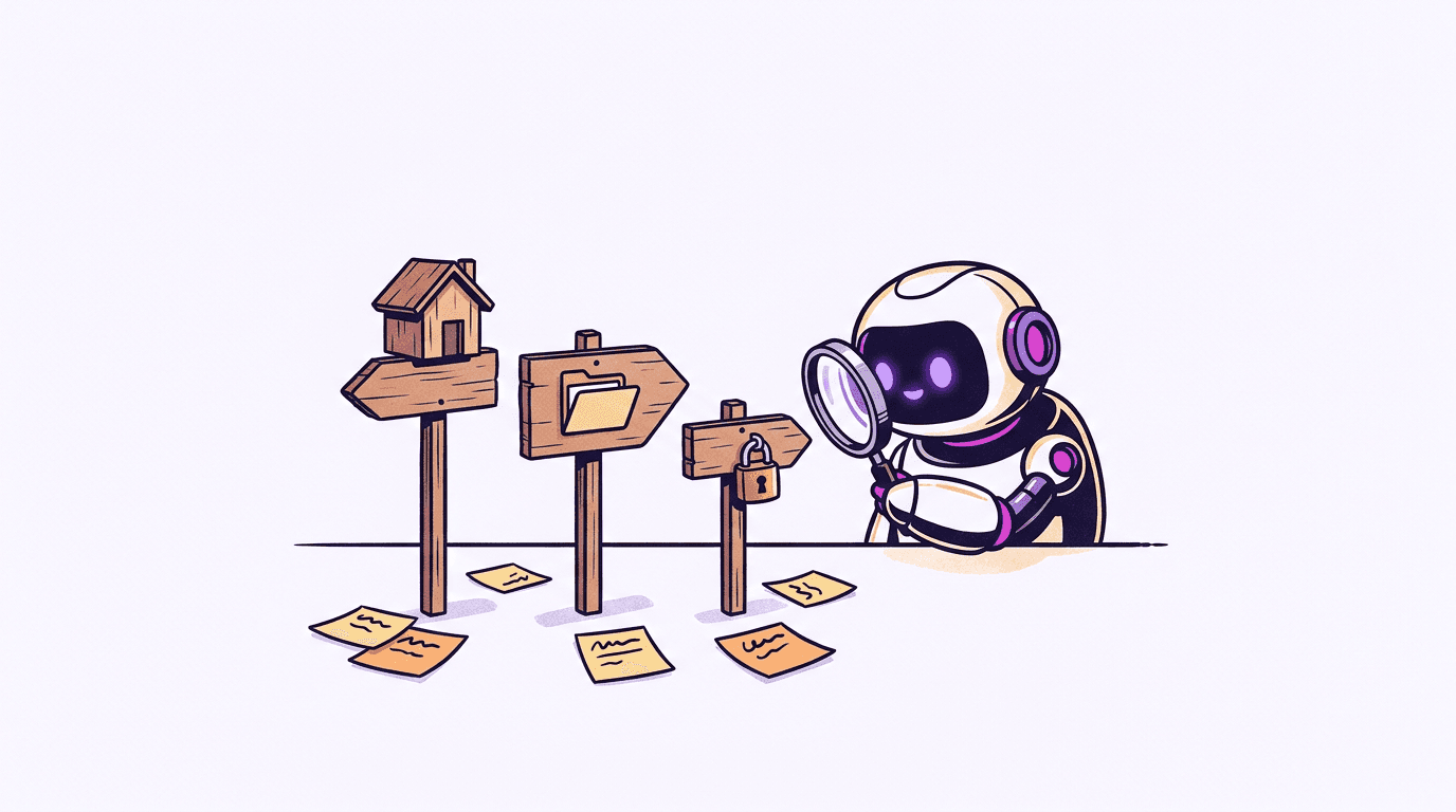 Editorial illustration of a small robot examining three signposts with a house, a folder and a padlock, a metaphor for Cursor's config scopes and secrets