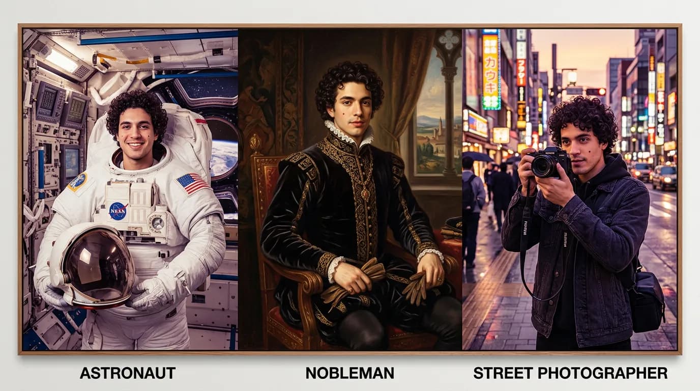 Character consistency example: the same AI-generated man rendered as an astronaut, a renaissance painting and a street photographer with identical features
