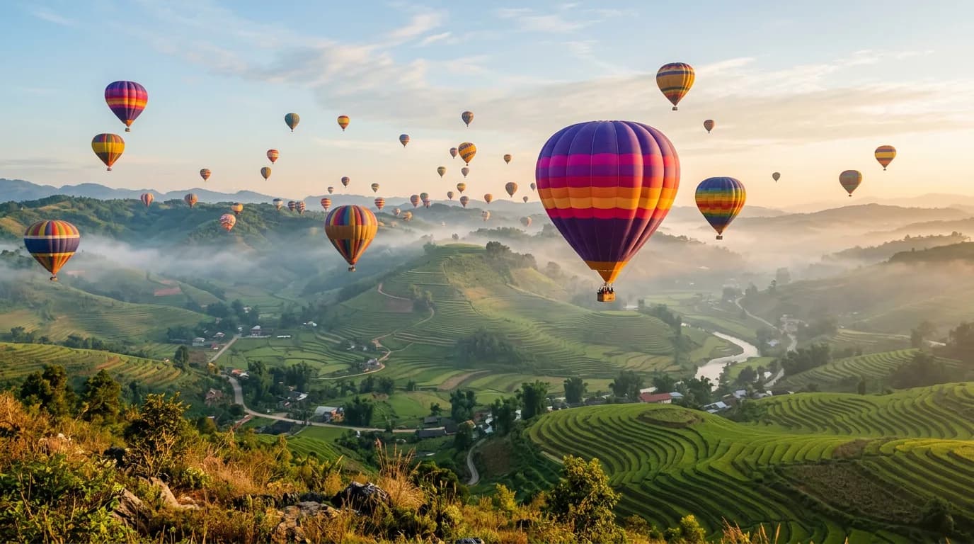 AI-generated golden-hour photograph of hot air balloons over terraced hills, created with Nano Banana 2 on BananaBanana