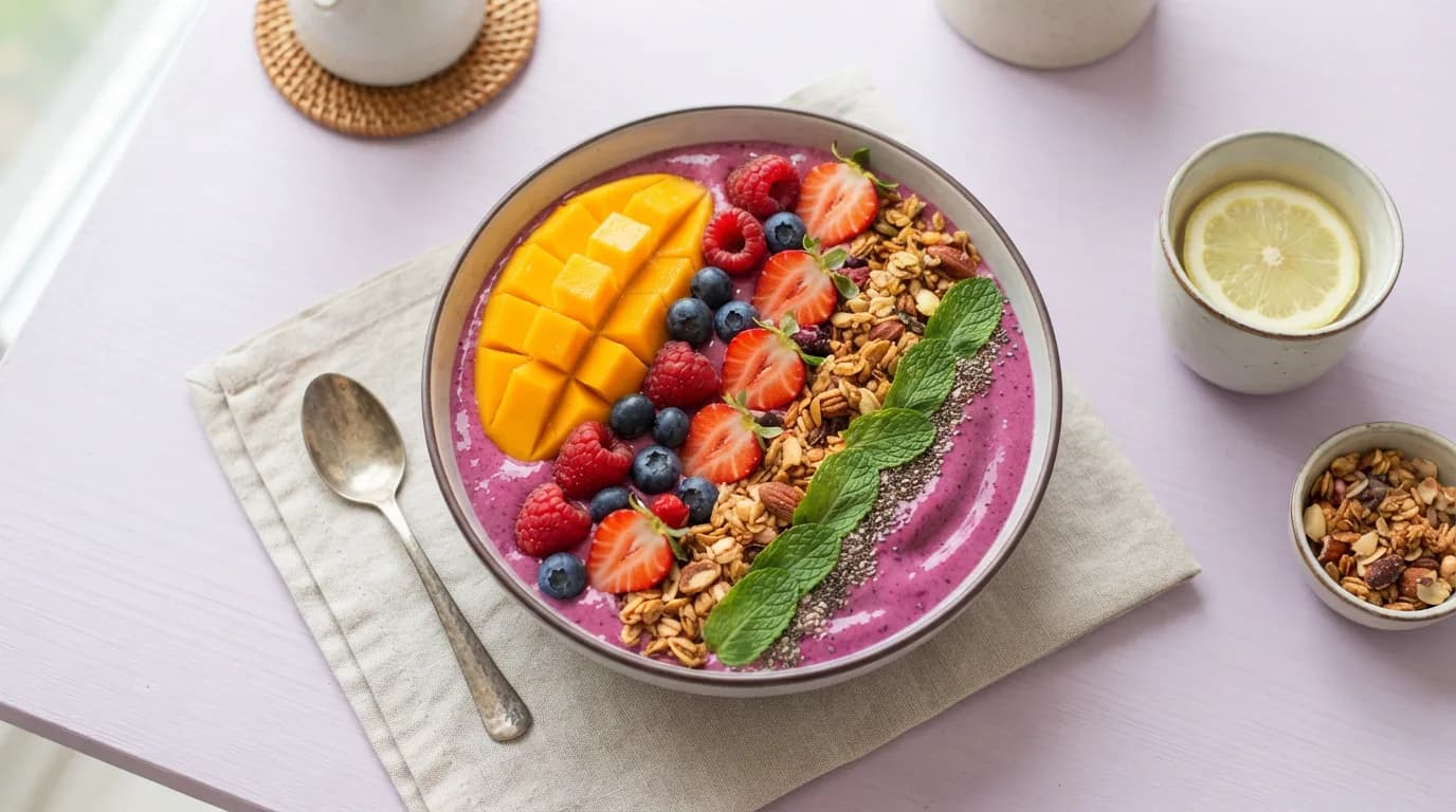AI-generated overhead flat lay of a colorful smoothie bowl, created with Nano Banana 2 Lite on BananaBanana