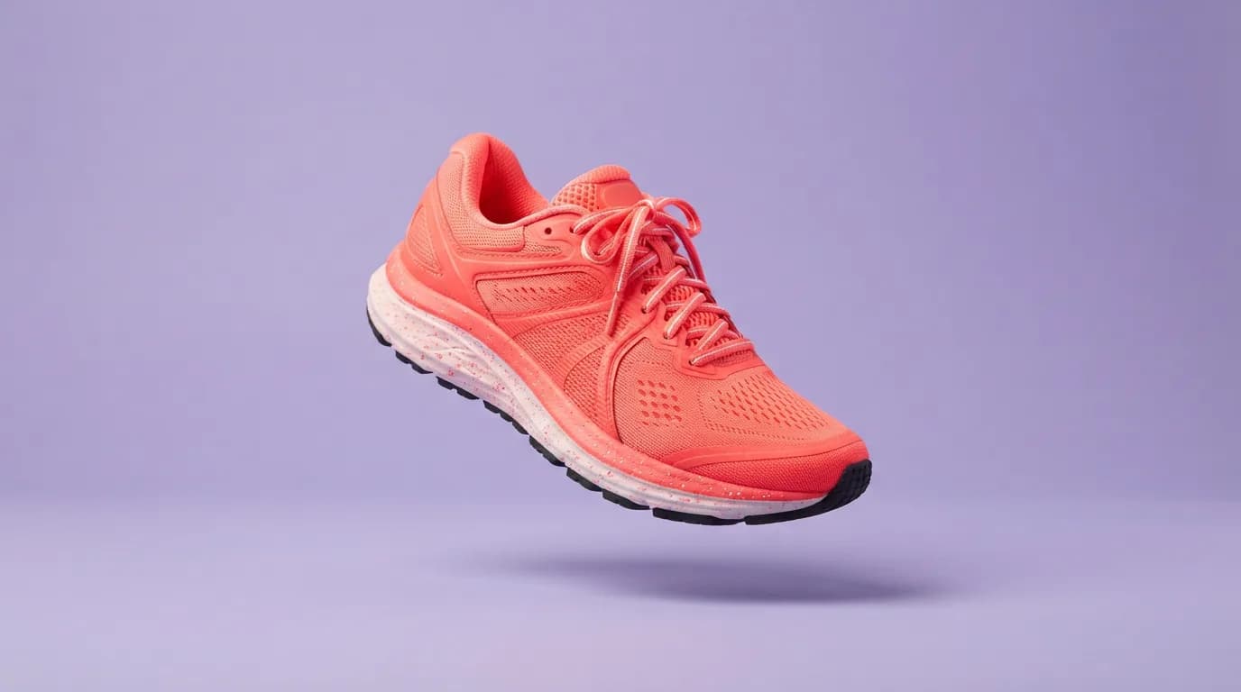 AI-generated e-commerce product photo of a coral running sneaker on a violet background, made with Nano Banana 2 Lite