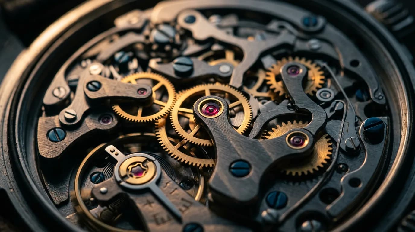 AI-generated macro photograph of a mechanical watch movement with brass gears, demonstrating Nano Banana 2 fine detail rendering