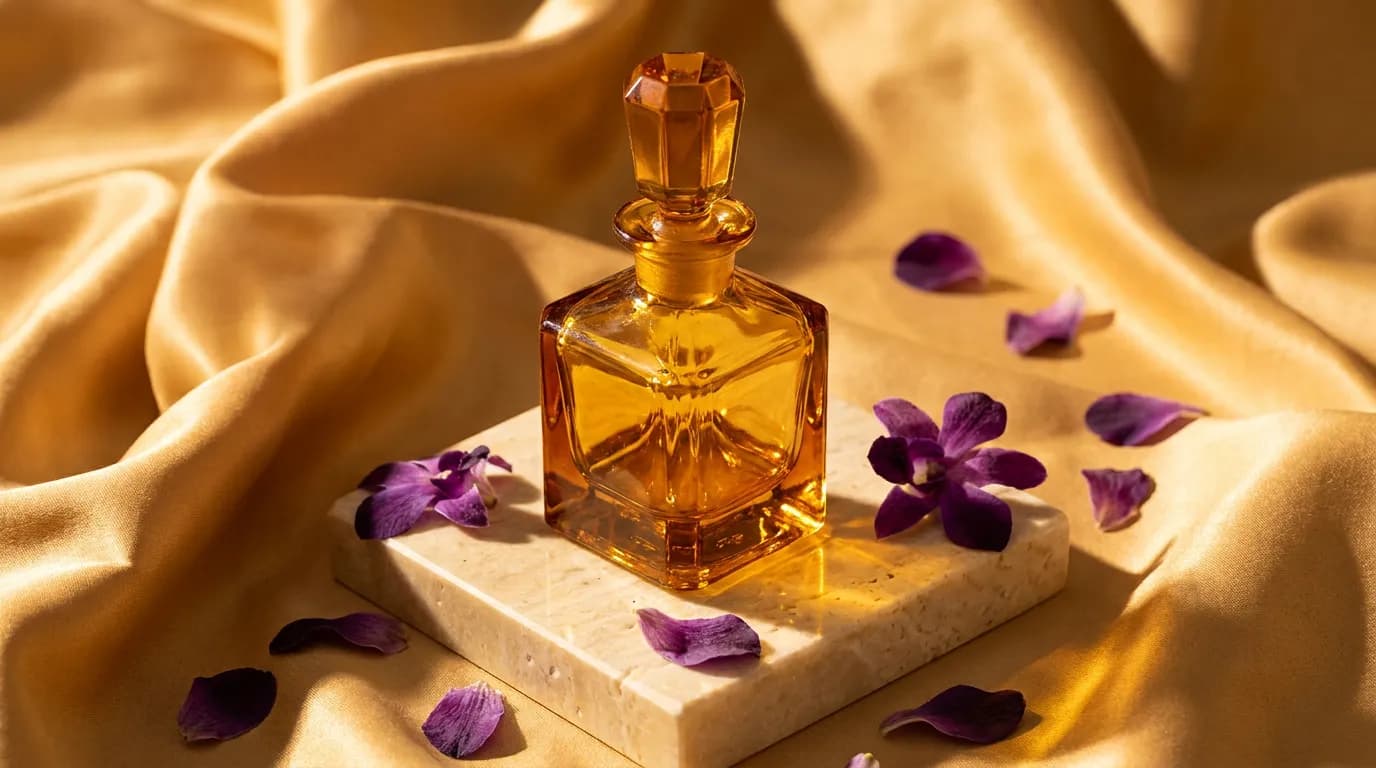 AI-generated studio product photograph of an amber perfume bottle with orchid petals, created with Nano Banana Pro on BananaBanana