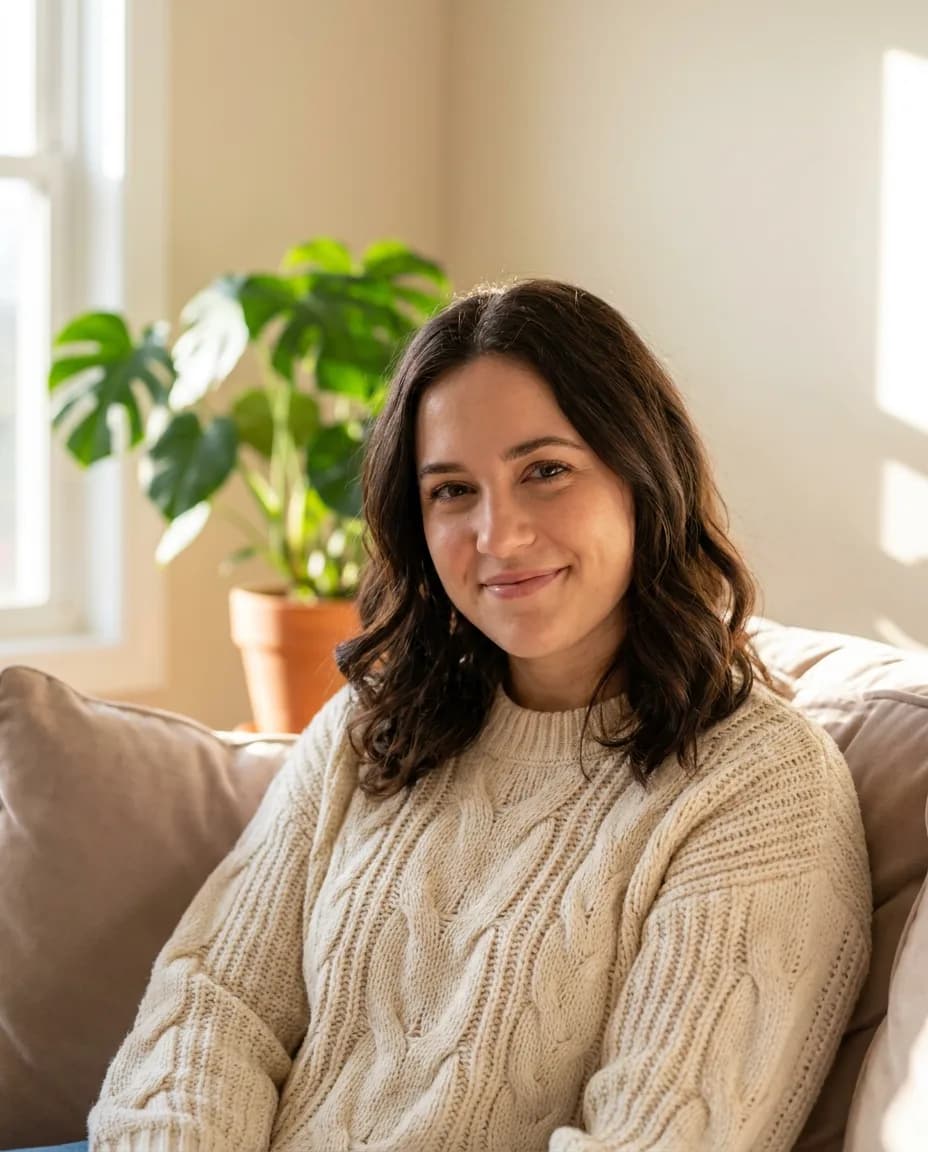AI-generated creator reference portrait: a woman in a cream knit sweater sitting in a bright living room