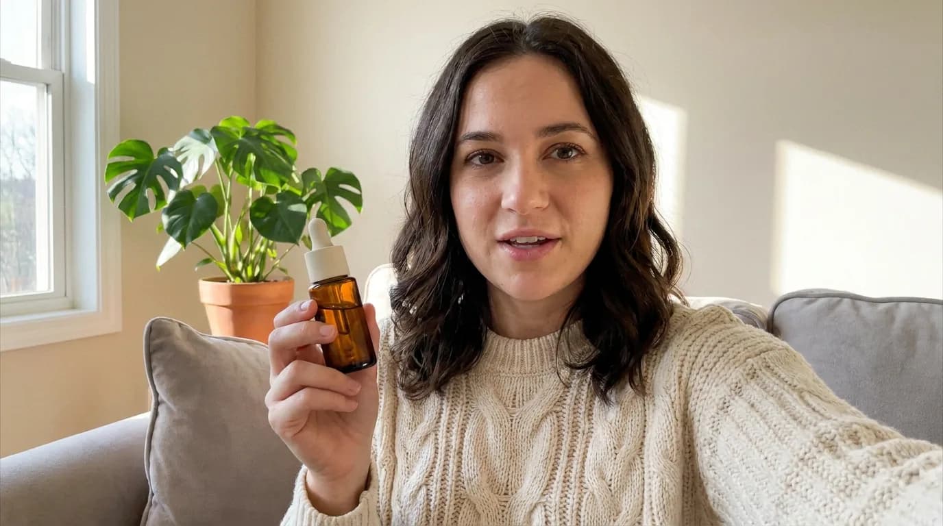 AI-generated UGC opening frame: the woman from the reference portrait holding the amber serum bottle beside her shoulder, phone-camera framing