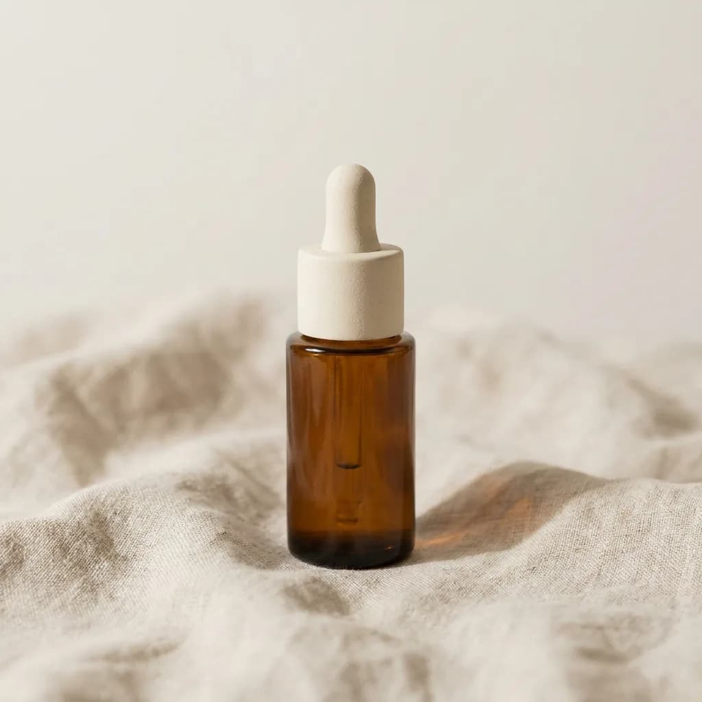 AI-generated product reference photo: an unbranded amber glass serum dropper bottle with a cream ceramic cap on pale linen