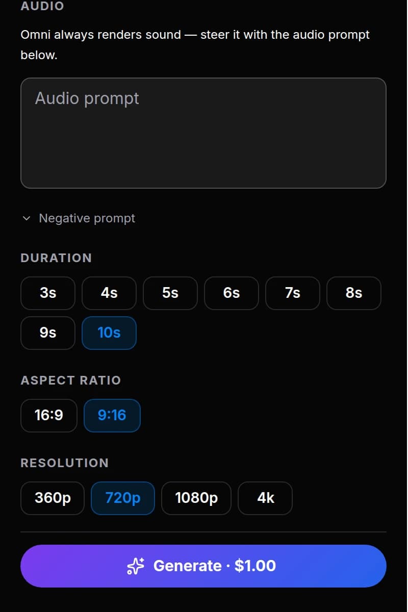 BananaBanana generator: video settings with model, duration, resolution and sound