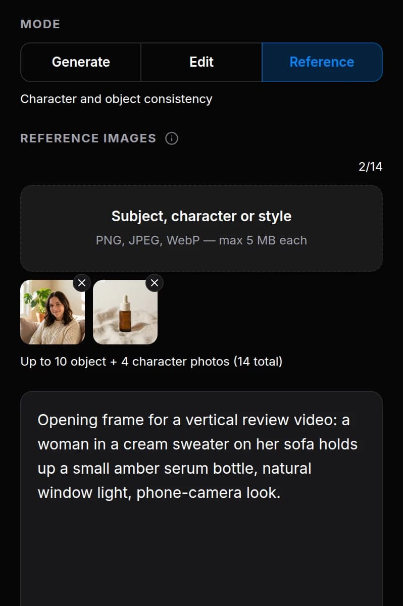 BananaBanana generator: reference photos attached for character and product consistency