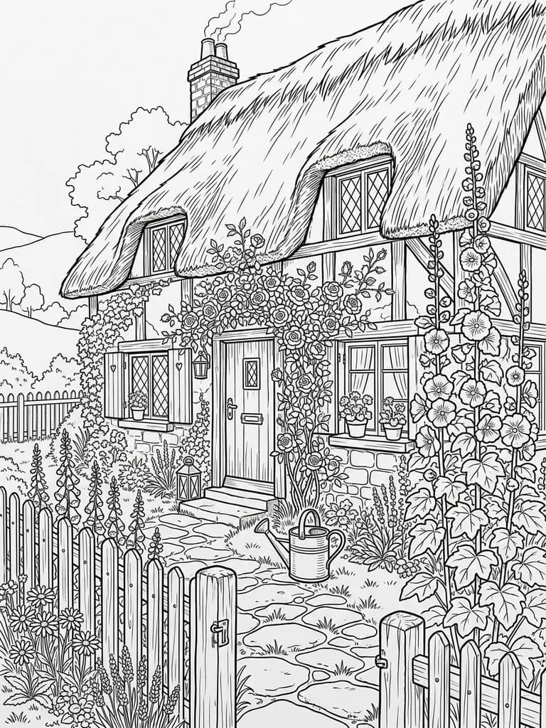 AI-generated coloring pages example — Cottage garden, made with Nano Banana 2 on BananaBanana