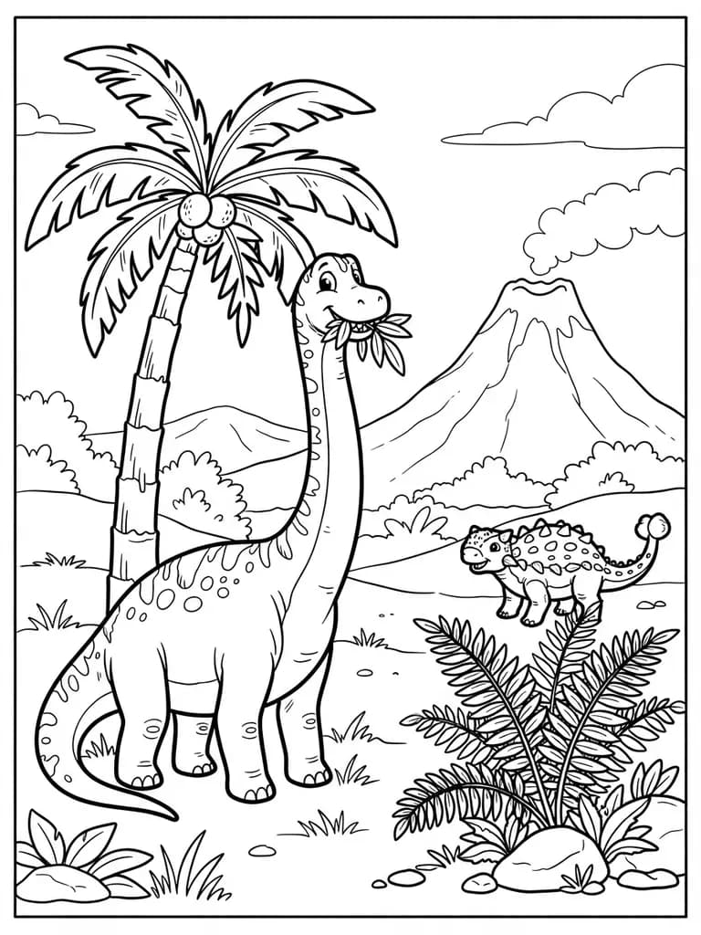 AI-generated coloring pages example — Dinosaurs in the jungle, made with Nano Banana 2 Lite on BananaBanana