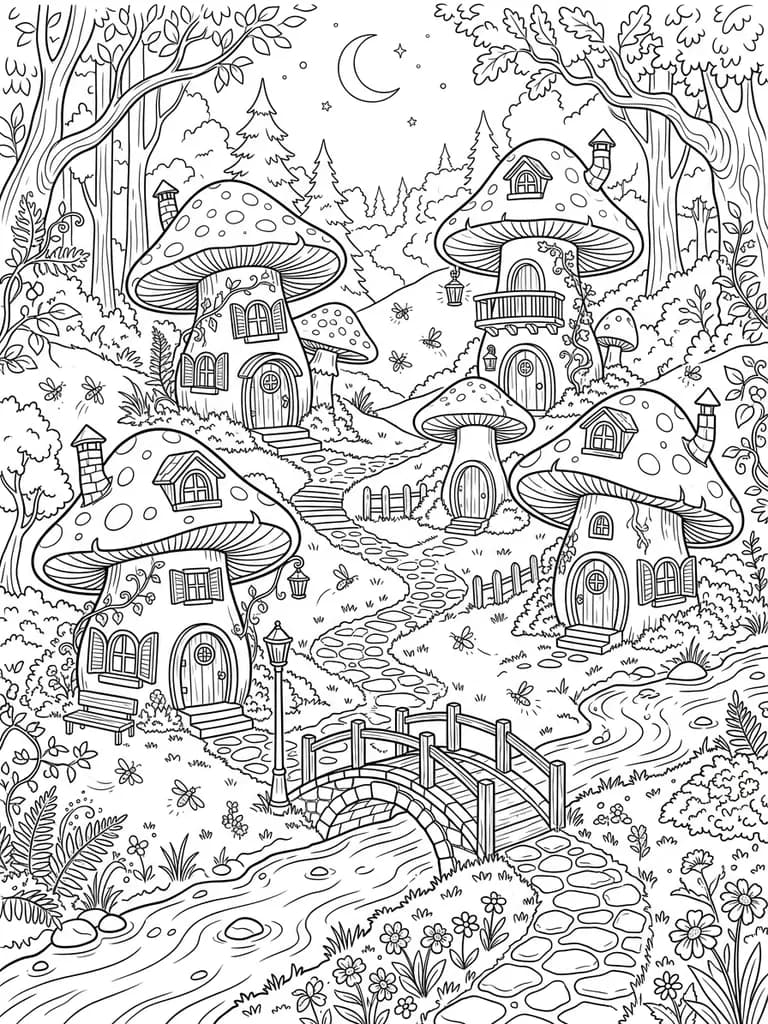 AI-generated coloring pages example — Fairy mushroom village, made with Nano Banana 2 on BananaBanana