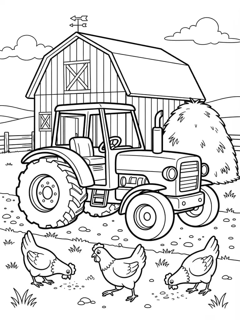 AI-generated coloring pages example — Tractor on the farm, made with Nano Banana 2 Lite on BananaBanana
