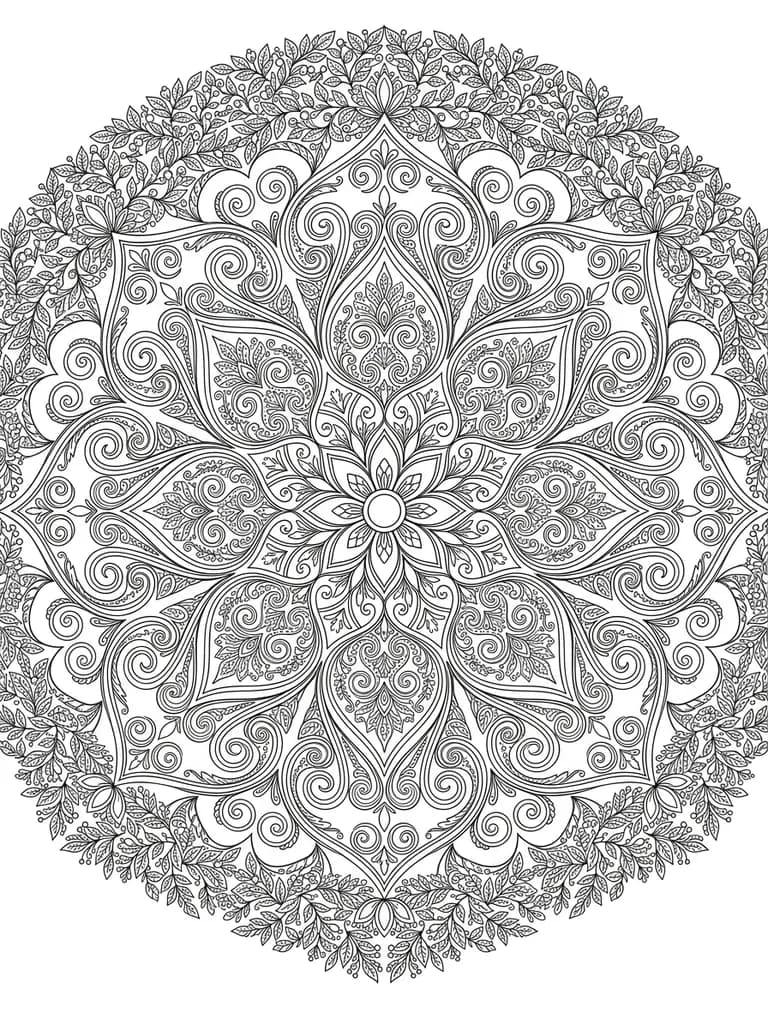 AI-generated coloring pages example — Intricate floral mandala, made with Nano Banana 2 on BananaBanana