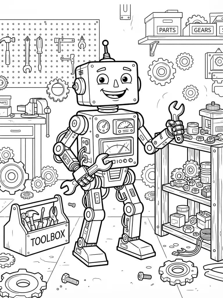 AI-generated coloring pages example — Robot workshop, made with Nano Banana 2 Lite on BananaBanana