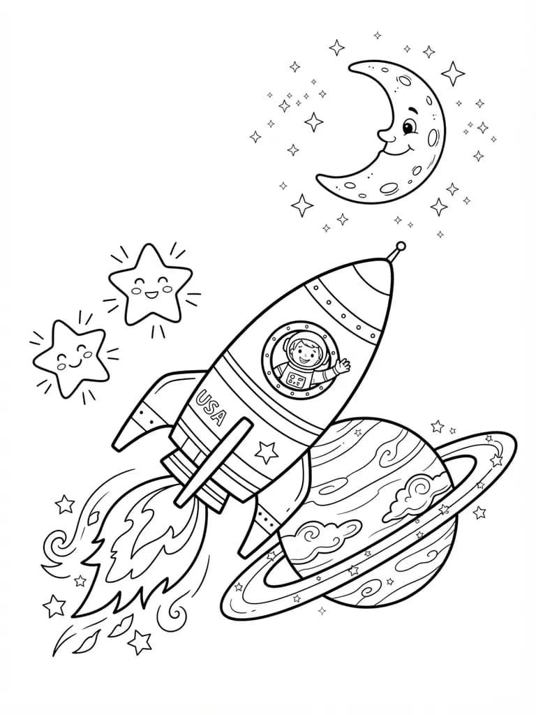 AI-generated coloring pages example — Rocket and planets, made with Nano Banana 2 Lite on BananaBanana