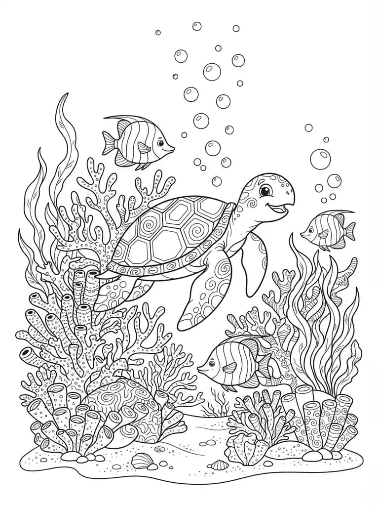 AI-generated coloring pages example — Coral reef scene, made with Nano Banana 2 Lite on BananaBanana