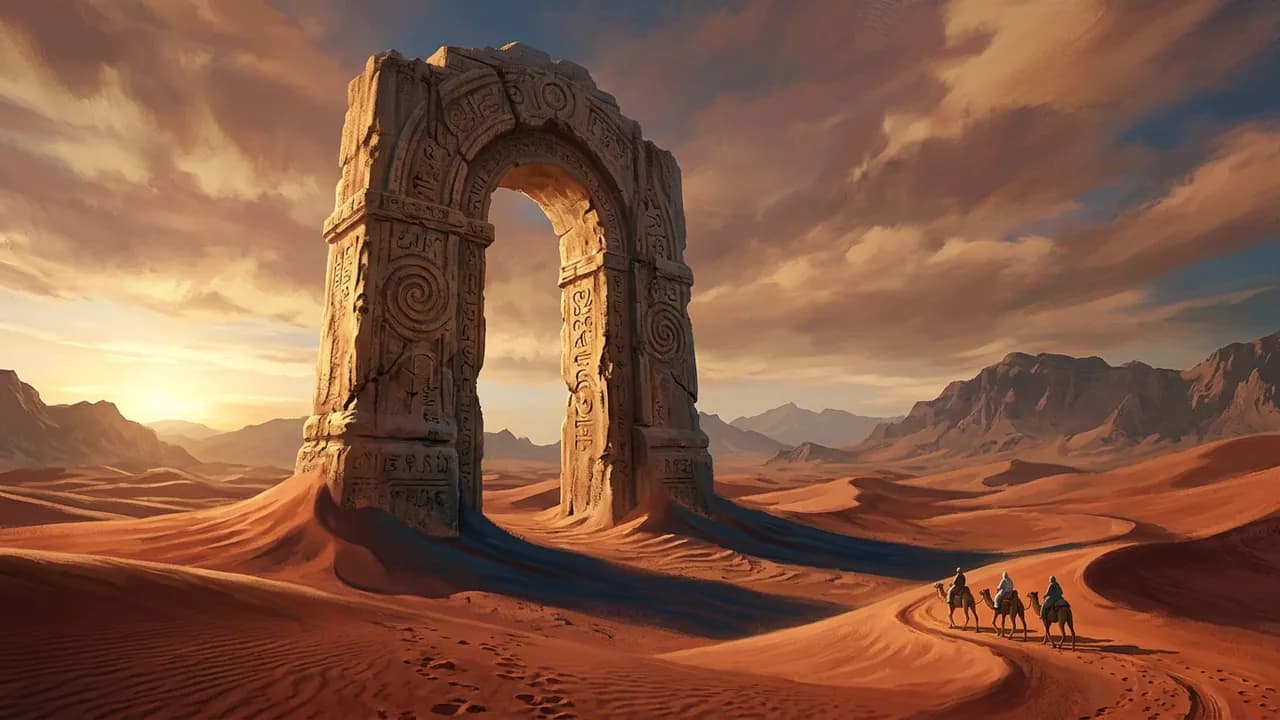 AI-generated fantasy art example — Gate in the desert, made with Nano Banana 2 on BananaBanana