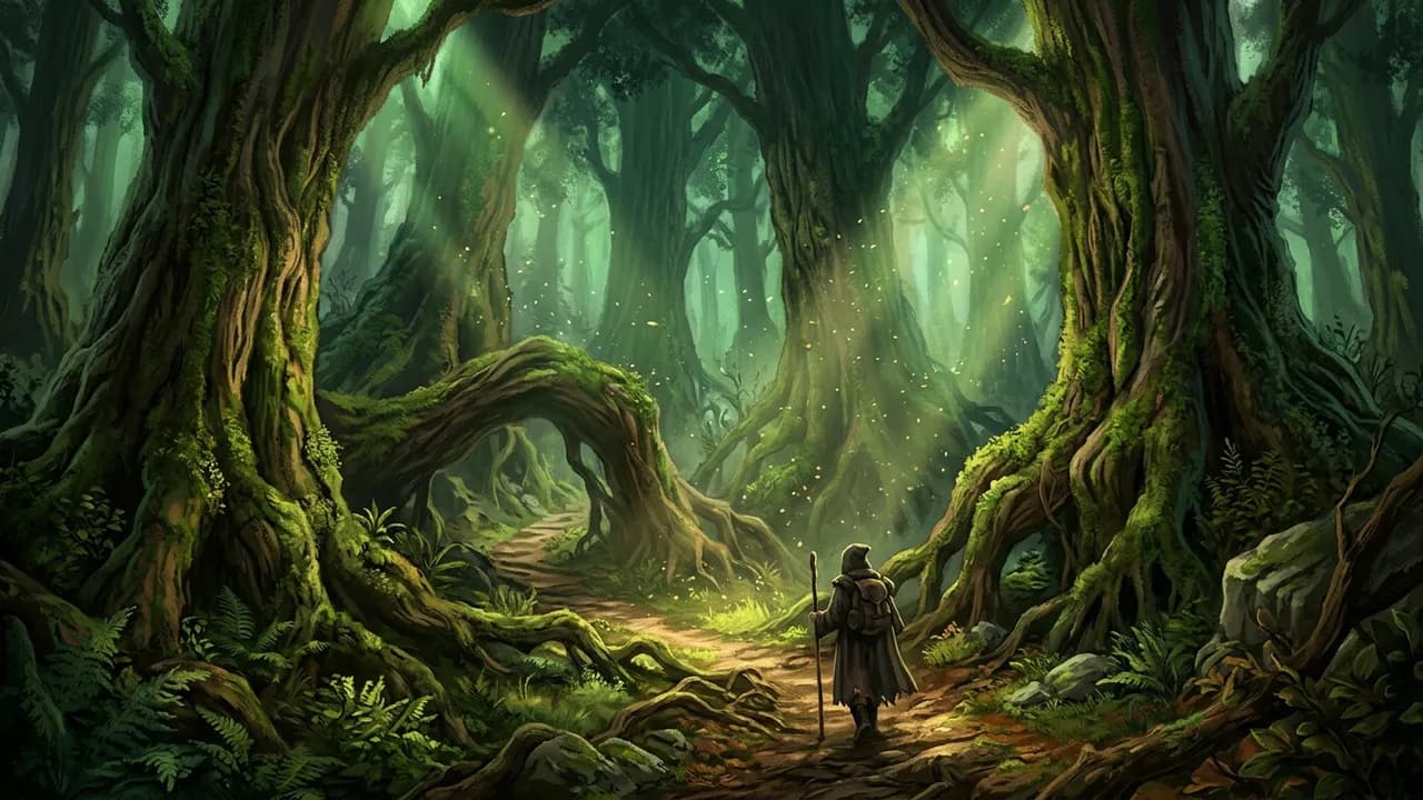 AI-generated fantasy art example — Enchanted forest path, made with Nano Banana 2 on BananaBanana