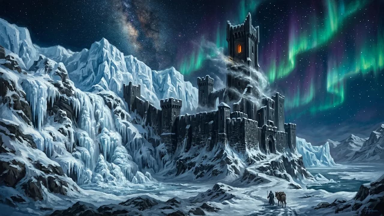 AI-generated fantasy art example — Fortress in the ice, made with Nano Banana 2 on BananaBanana