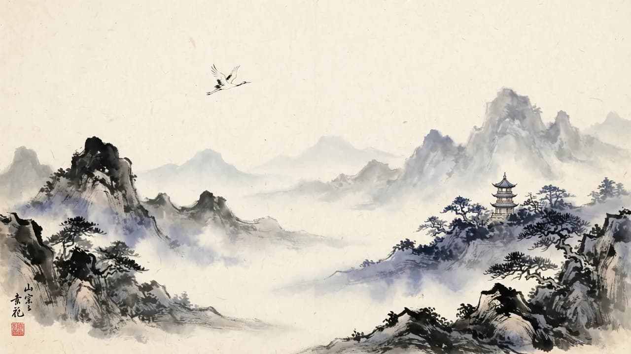 AI-generated fantasy art example — Ink and wash peaks, made with Nano Banana 2 Lite on BananaBanana