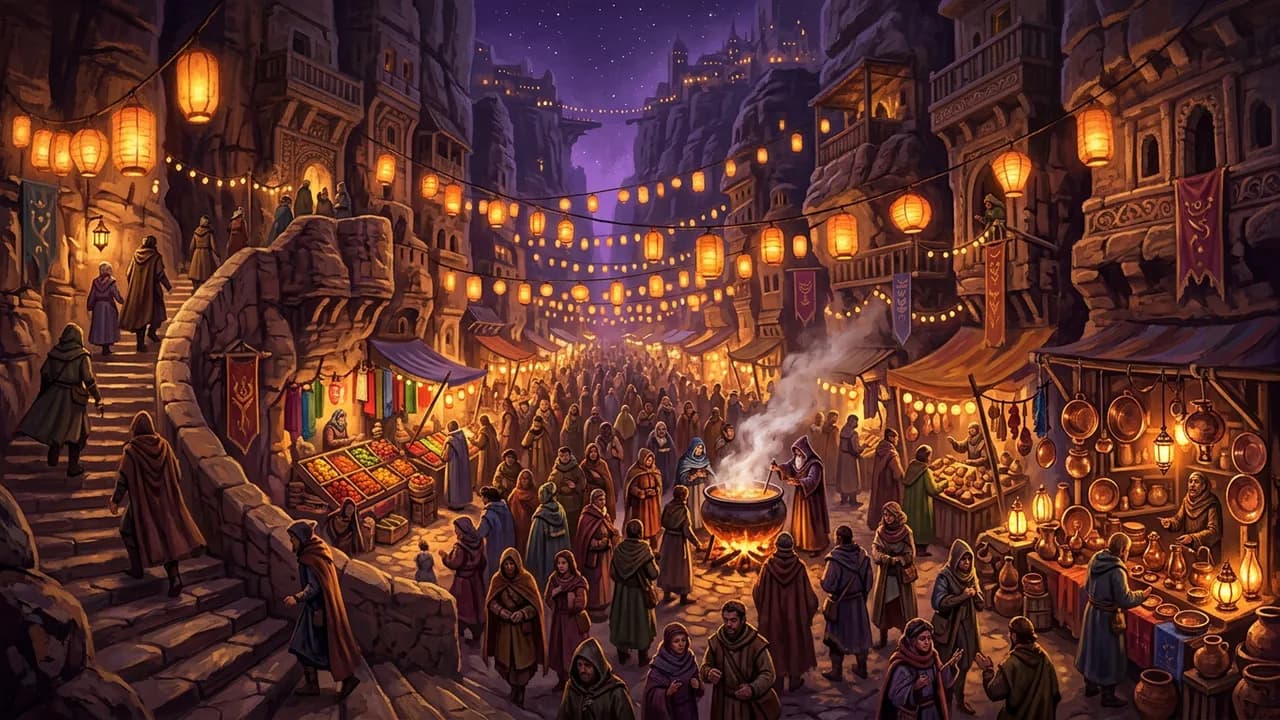 AI-generated fantasy art example — Market of lanterns, made with Nano Banana 2 on BananaBanana