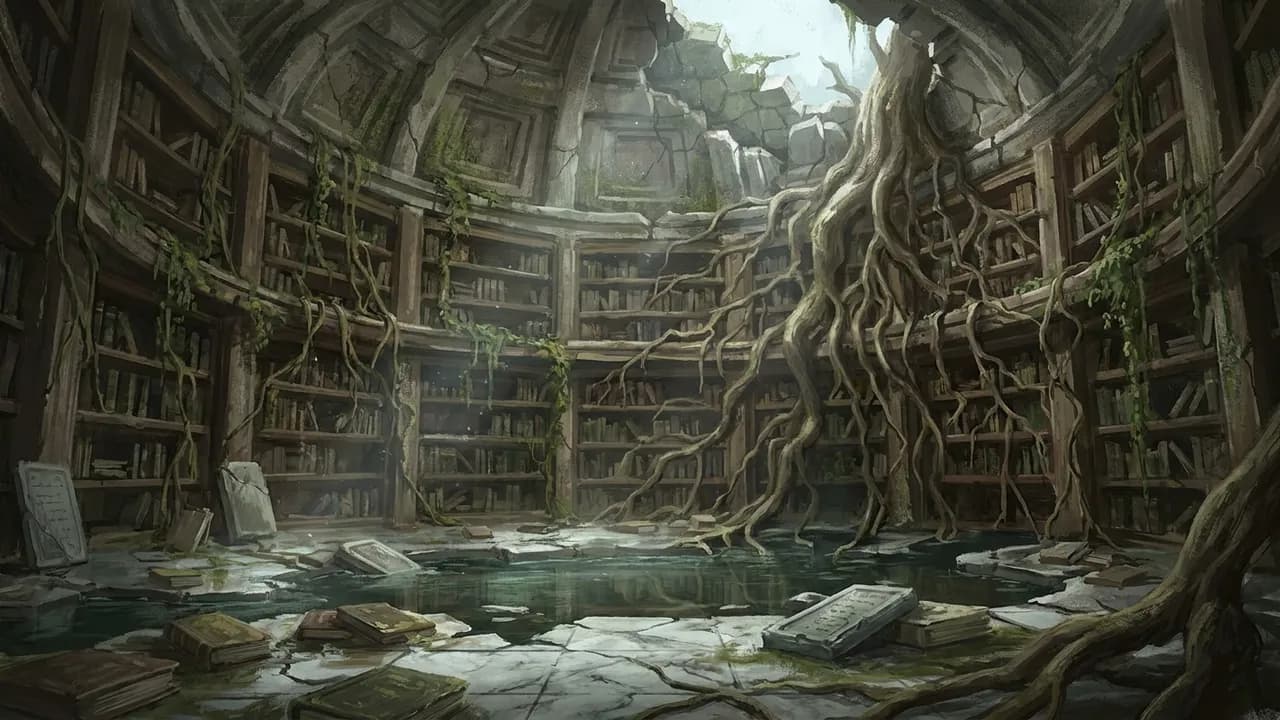 AI-generated fantasy art example — Ruined library, made with Nano Banana Pro on BananaBanana