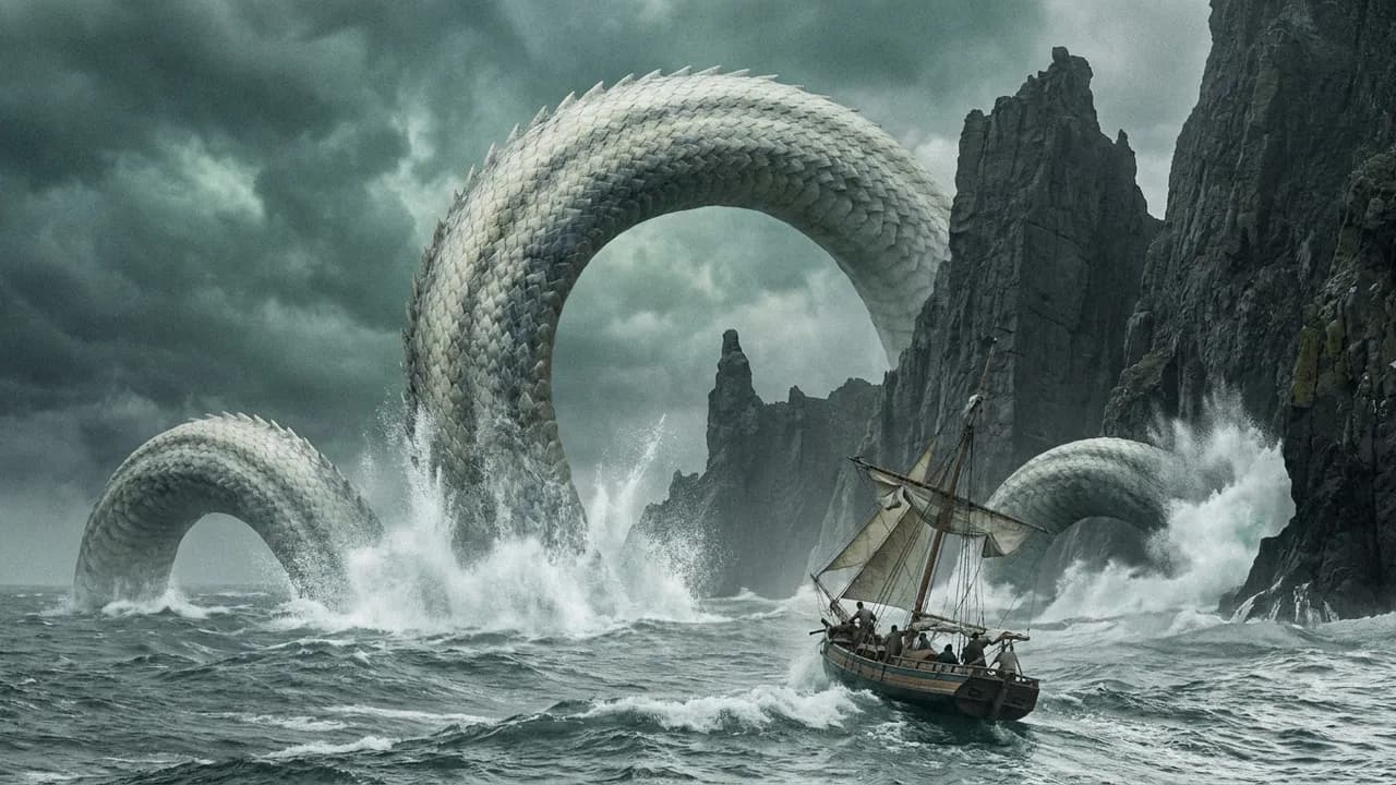 AI-generated fantasy art example — Sea serpent off the cliffs, made with Nano Banana Pro on BananaBanana