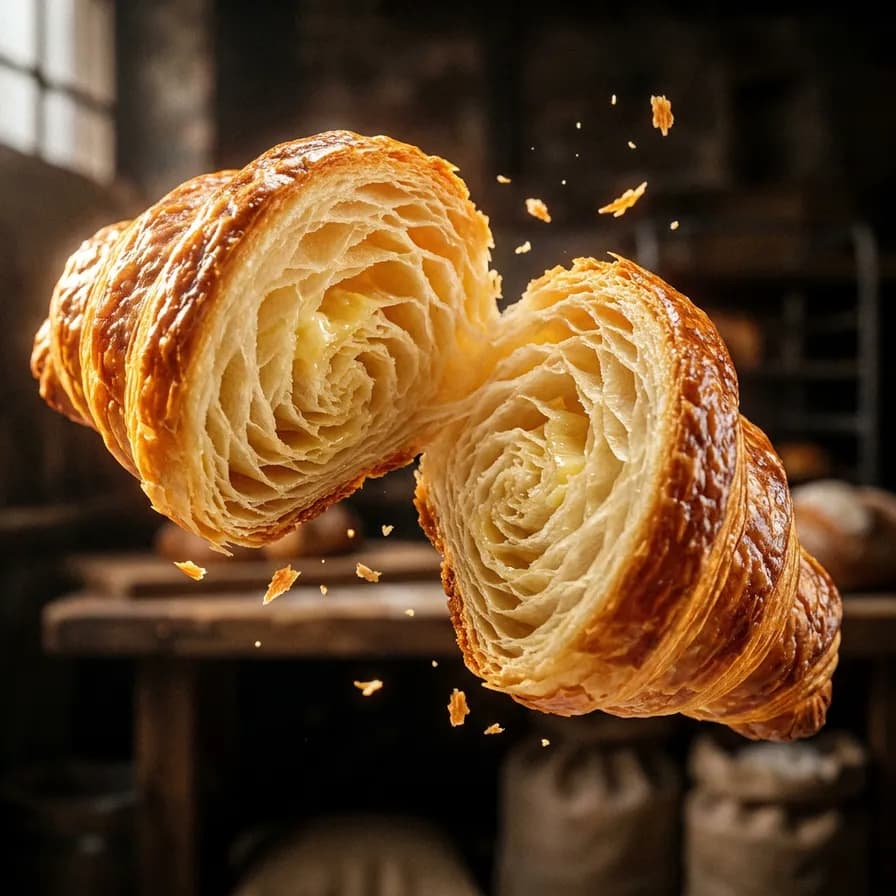 AI-generated food photography example — Croissant layer macro, made with Nano Banana Pro on BananaBanana