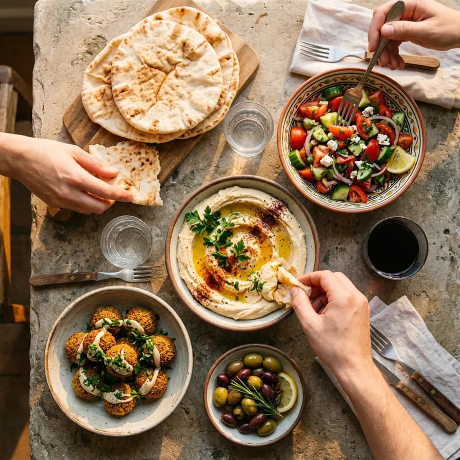 AI-generated food photography example — Mezze table spread, made with Nano Banana 2 on BananaBanana
