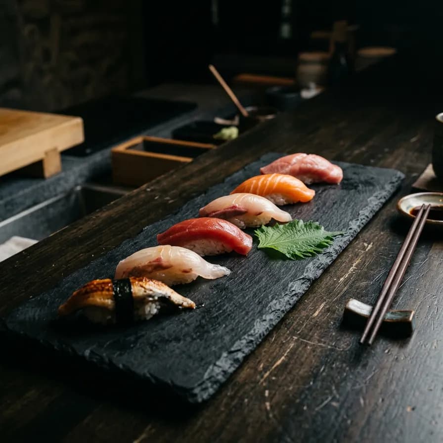 AI-generated food photography example — Sushi on stone, made with Nano Banana 2 on BananaBanana