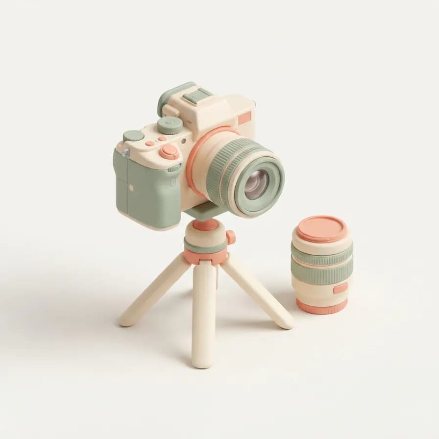 AI-generated isometric icons example — Camera on a tripod, made with Nano Banana 2 Lite on BananaBanana