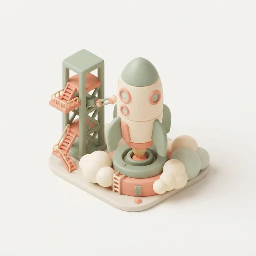 AI-generated isometric icons example — Rocket on a launch pad, made with Nano Banana 2 Lite on BananaBanana