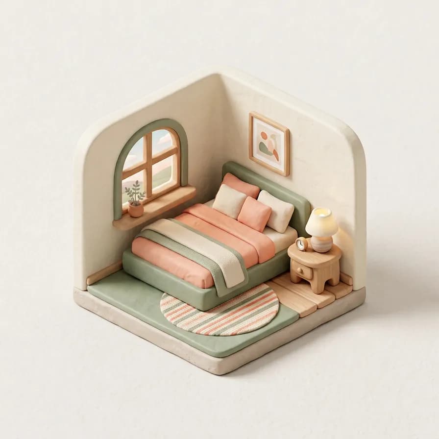 AI-generated isometric icons example — Tiny bedroom scene, made with Nano Banana 2 on BananaBanana