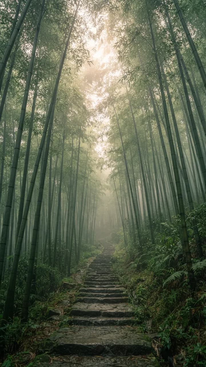 AI-generated phone wallpapers example — Misty bamboo forest, made with Nano Banana 2 Lite on BananaBanana
