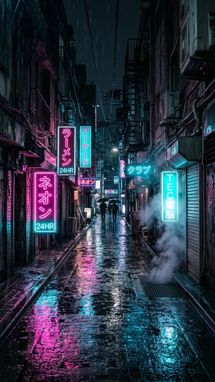 AI-generated phone wallpapers example — Neon rain alley, made with Nano Banana 2 on BananaBanana