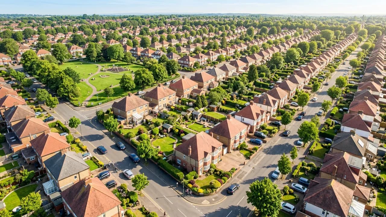 AI-generated real estate example — Drone neighbourhood view, made with Nano Banana 2 on BananaBanana