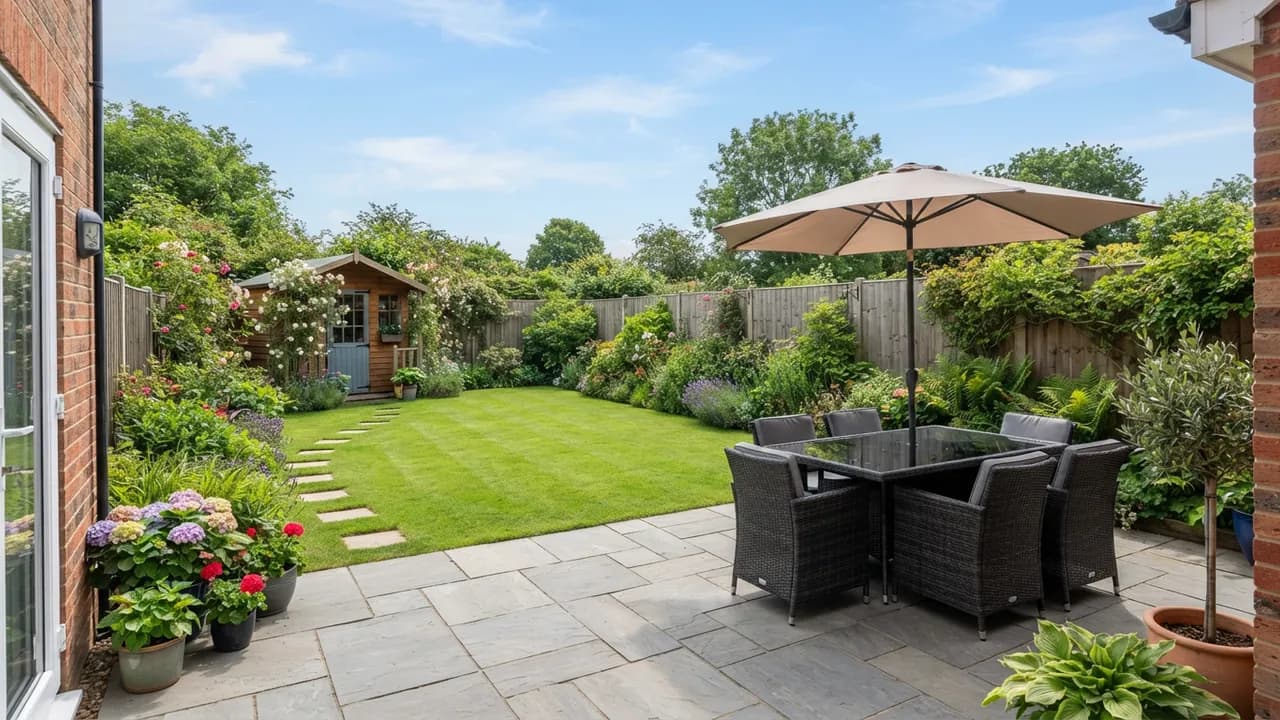 AI-generated real estate example — Back garden, made with Nano Banana 2 Lite on BananaBanana