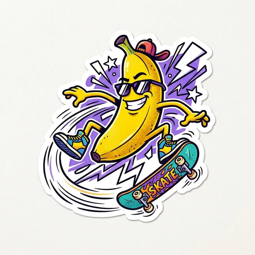 AI-generated stickers example — Skateboarding banana, made with Nano Banana 2 on BananaBanana