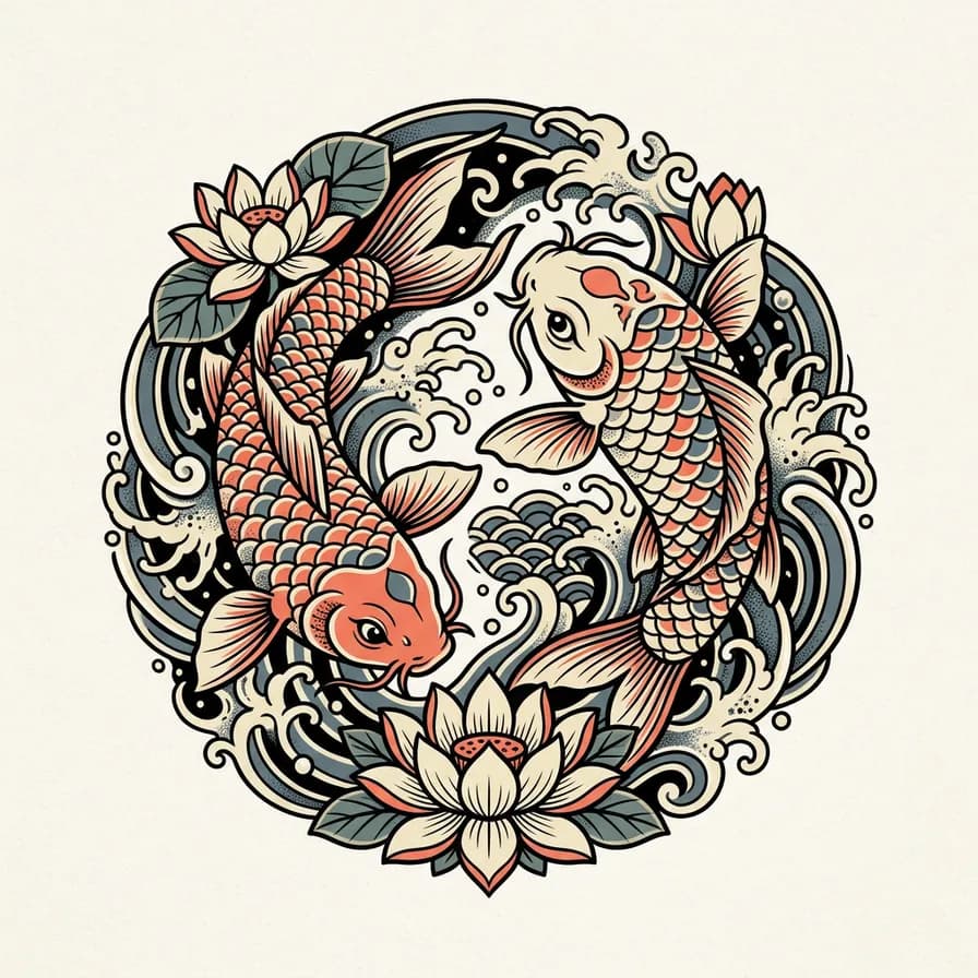 AI-generated t-shirt design example — Koi in a circle, made with Nano Banana 2 on BananaBanana