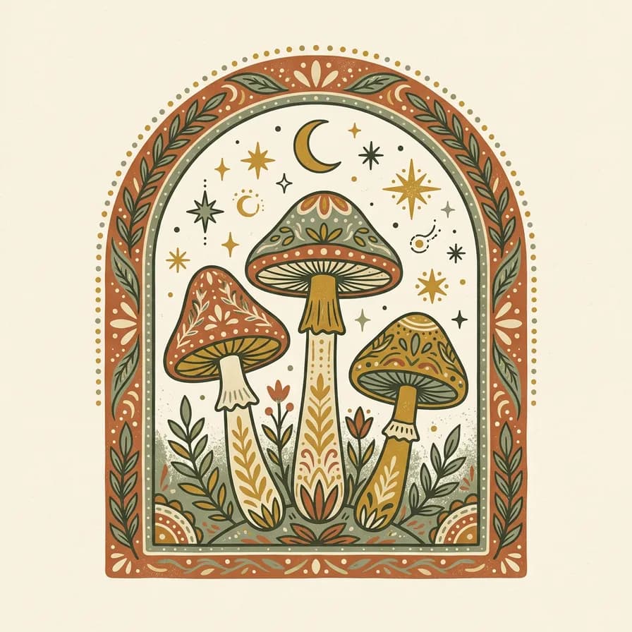 AI-generated t-shirt design example — Mushroom arch, made with Nano Banana 2 on BananaBanana