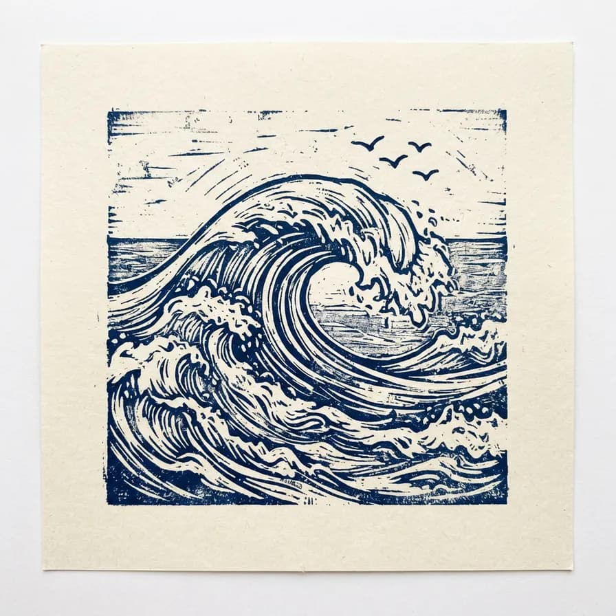 AI-generated t-shirt design example — Linocut wave, made with Nano Banana 2 Lite on BananaBanana