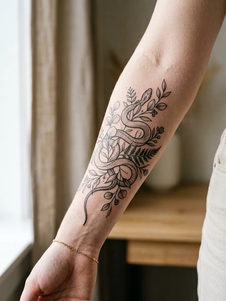 AI-generated tattoos example — Fine-line snake on skin, made with Nano Banana 2 on BananaBanana