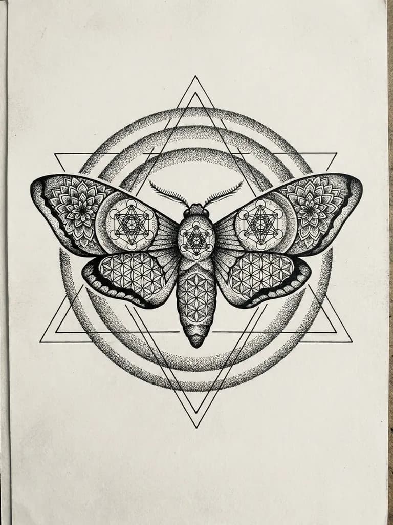 AI-generated tattoos example — Geometric moth, made with Nano Banana Pro on BananaBanana