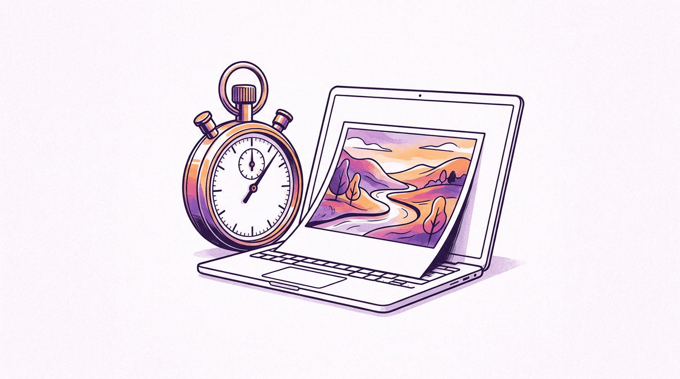 Stopwatch next to a laptop displaying a freshly generated picture, instant access AI image generation without billing