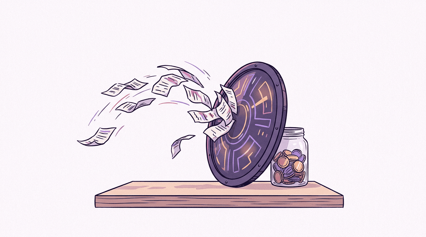 Shield deflecting recurring invoice papers away from a small prepaid coin jar, no billing details stored on an AI platform